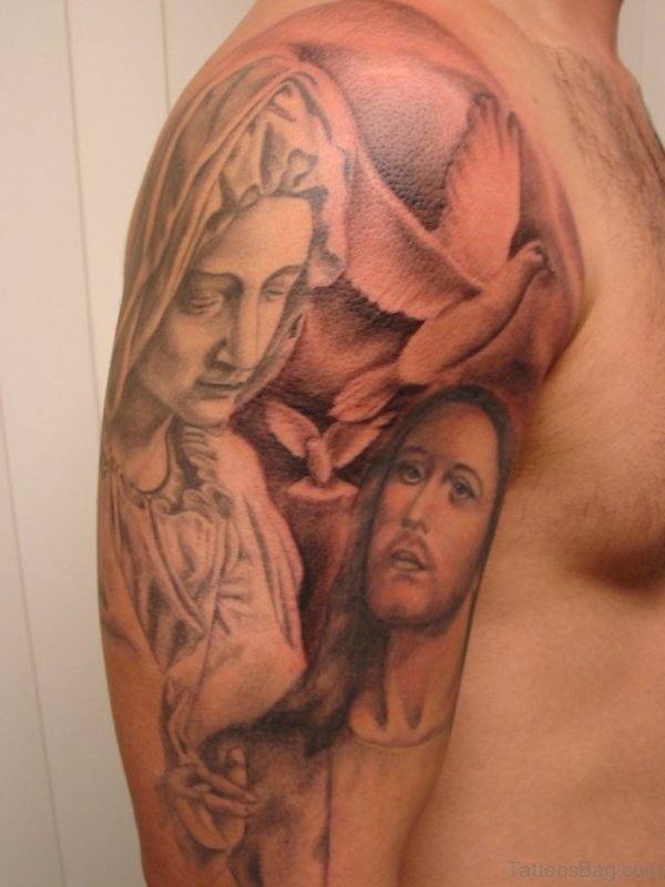 Sweet Mary And Jesus Shoulder Tattoo