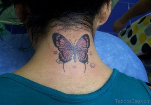 Sweet Purple  Butterfly Tattoo On Neck