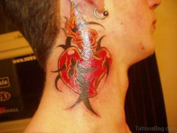 Sweet Red Heart Tattoo On Neck