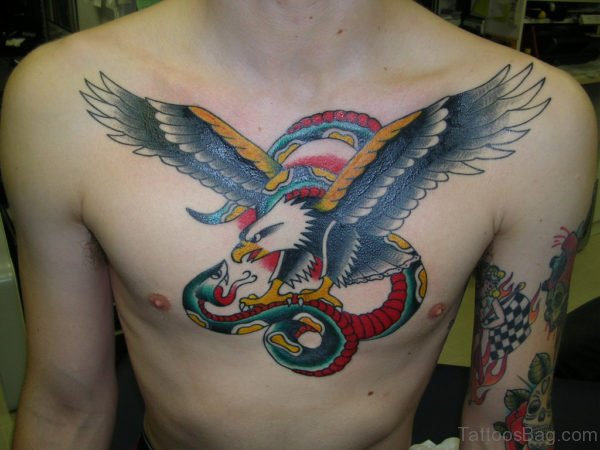 Traditional Chest Eagle And Snake Tattoo