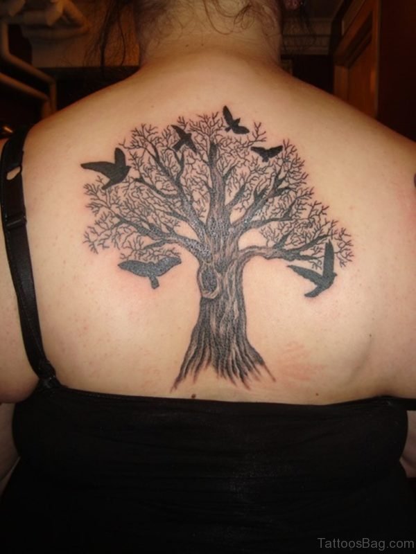 Tree And Bird Tattoo On Back