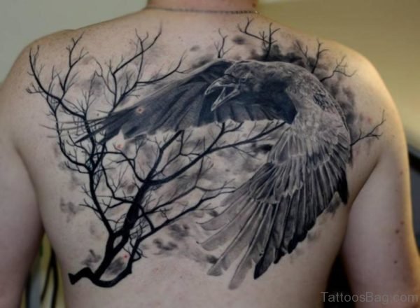 Tree And Grey Ink Crow Tattoo
