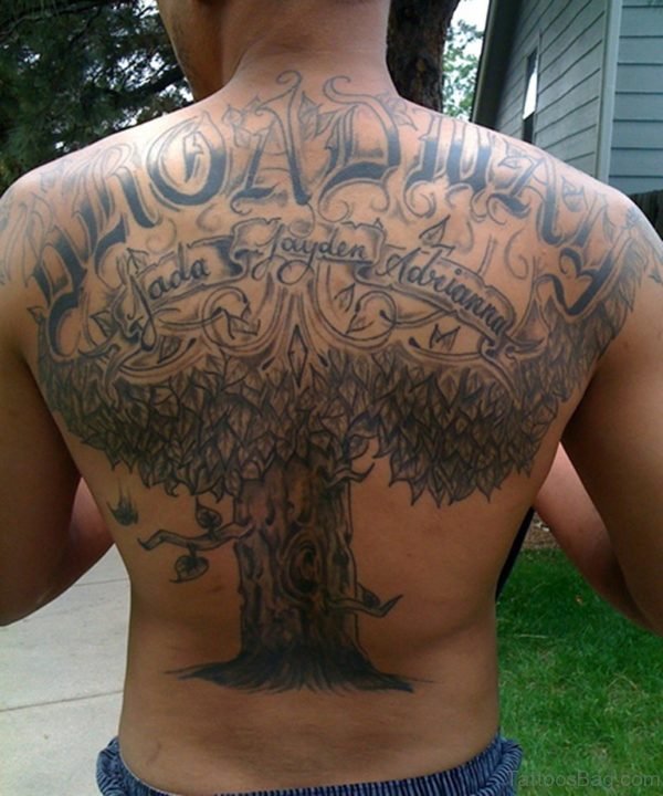 Tree and Name Tattoo On Back
