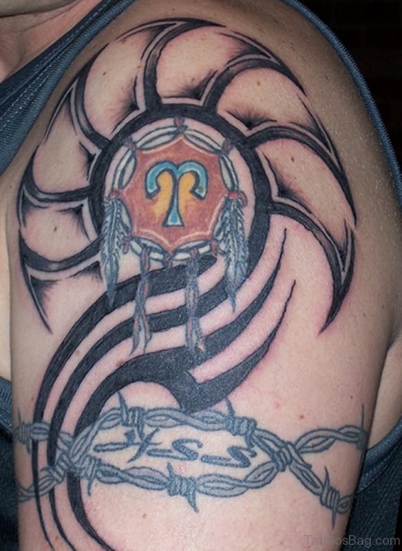 Tribal Aries Zodiac Tattoo On Shoulder