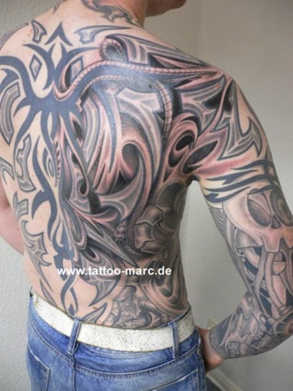 Tribal Biomechanical Tattoo On Full Back