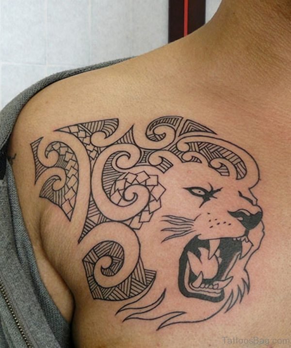 Tribal Lion Face Shoulder Tattoo