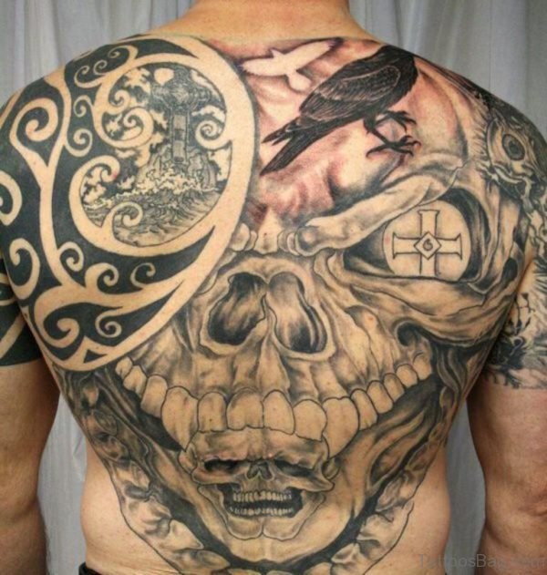 Tribal Skull Tattoo On Full Back
