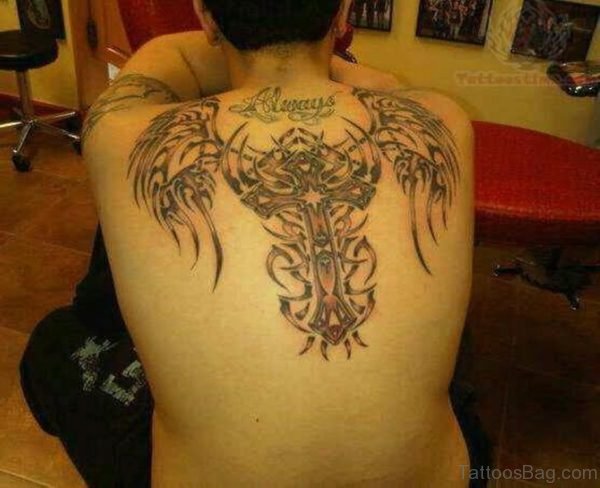 Tribal Wings And Cross Tattoo
