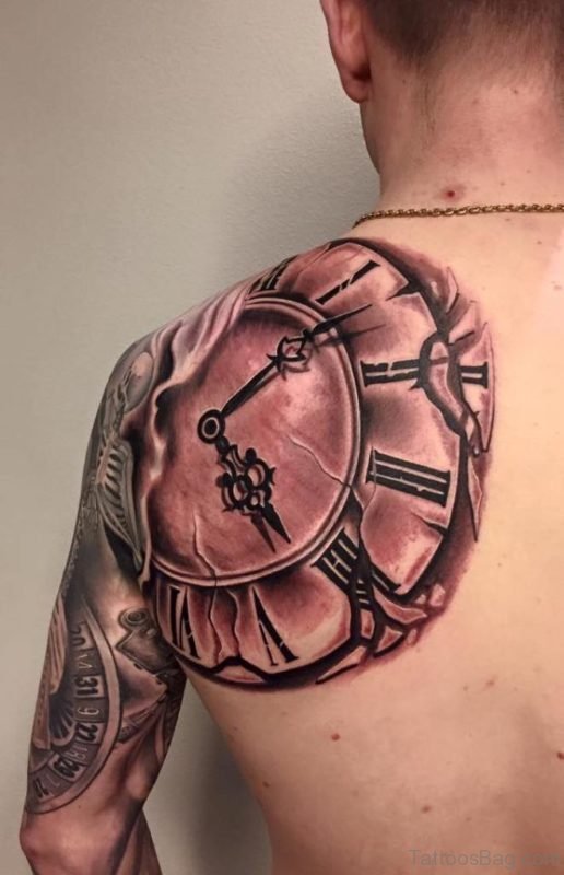 Unique Clock Tattoo On Left Back