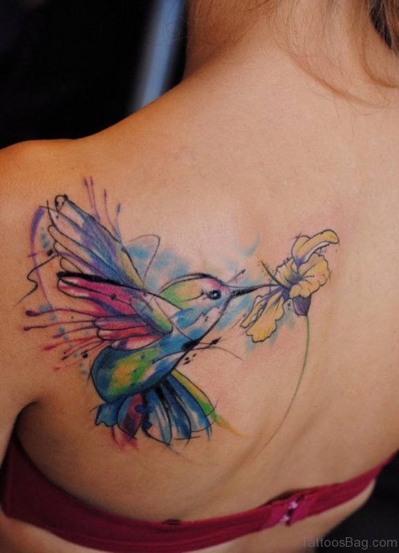 Watercolor Flower And Bird Tattoo