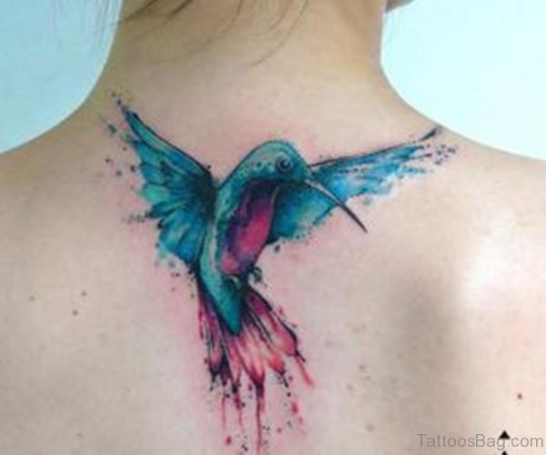 Watercolor Flying Bird Tattoo On Upper Back
