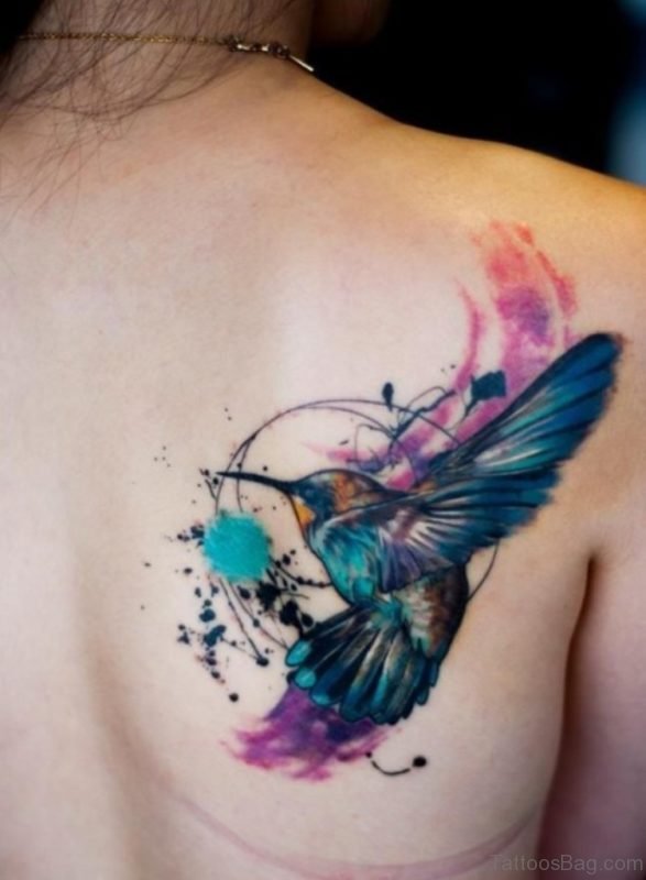 Watercolor Hummingbird Tattoo On Back