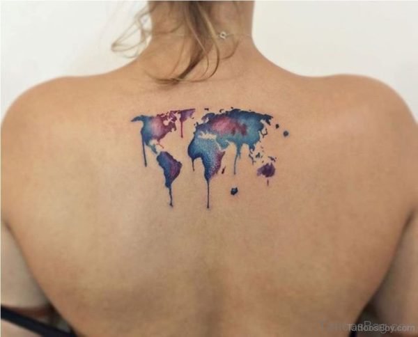 Watercolor Map Tattoo On Back