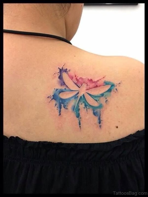 Watercolor Outline Dragonfly Tattoo On Back
