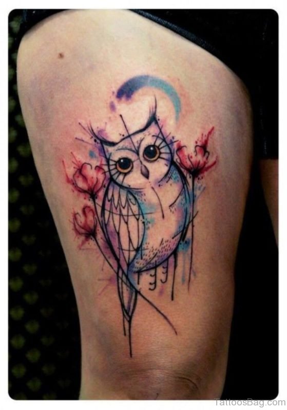 Watercolor Owl Tattoo On Thigh