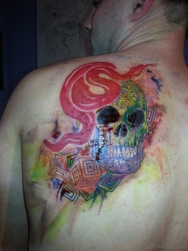 Watercolor Snake And Skull Tattoo
