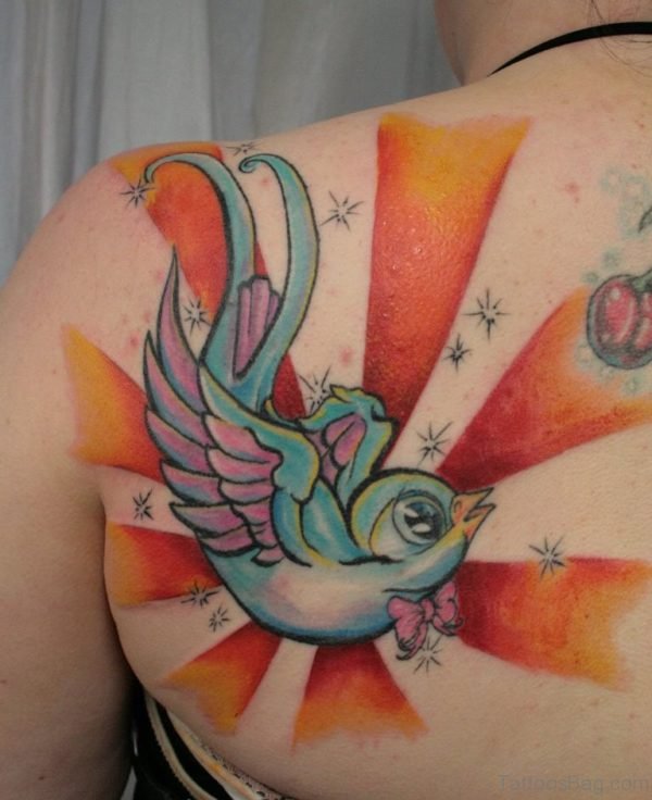 Watercolor Swallow Tattoo On Girl Upper Back