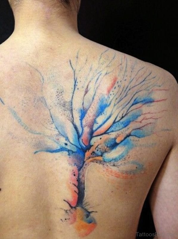 Watercolor Tree Tattoo On Back