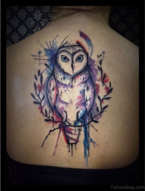 Watercolor Owl Back Tattoo