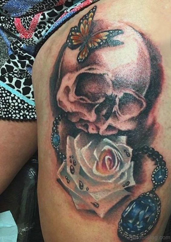 White Rose Skull And Butterfly Tattoo