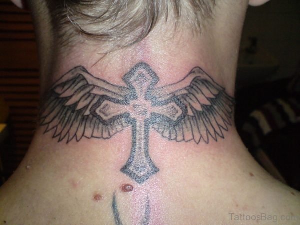 Winged Cross Neck Tattoo