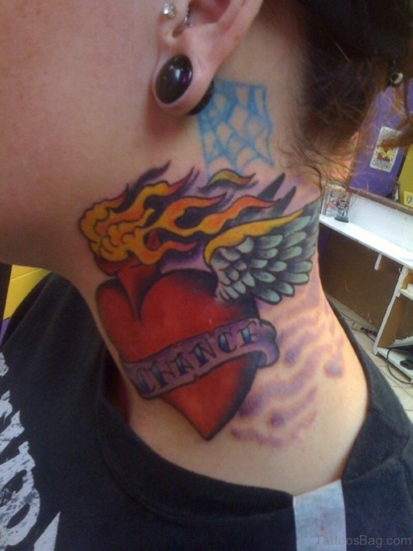 Winged Heart Neck Tattoo Design