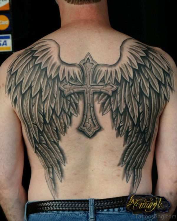Wings And Cross Tattoo On Back