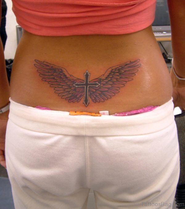 Wings And Cross Tattoo On Lower Back