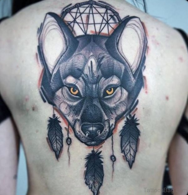 Wolf And Dreamcatcher Tattoo On Back