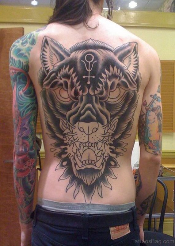 Wolf Face Tattoo Design On Back