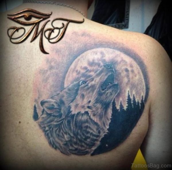Wolf and Moon Tattoo On Back 