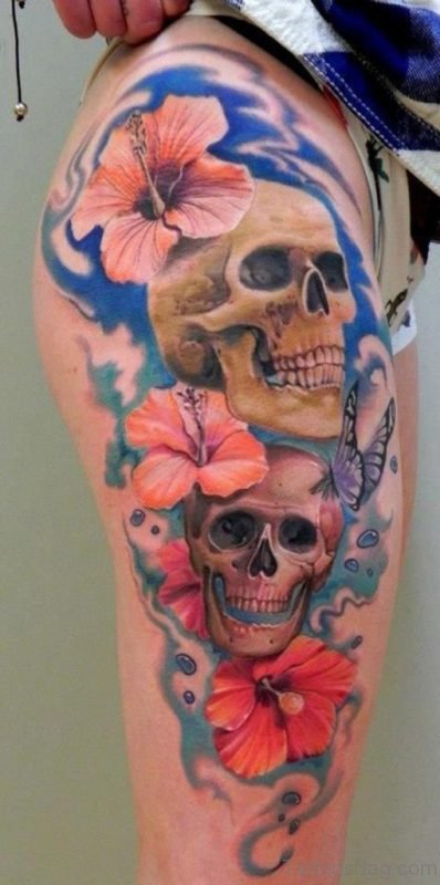 Wonderful Flower And Skull Tattoo