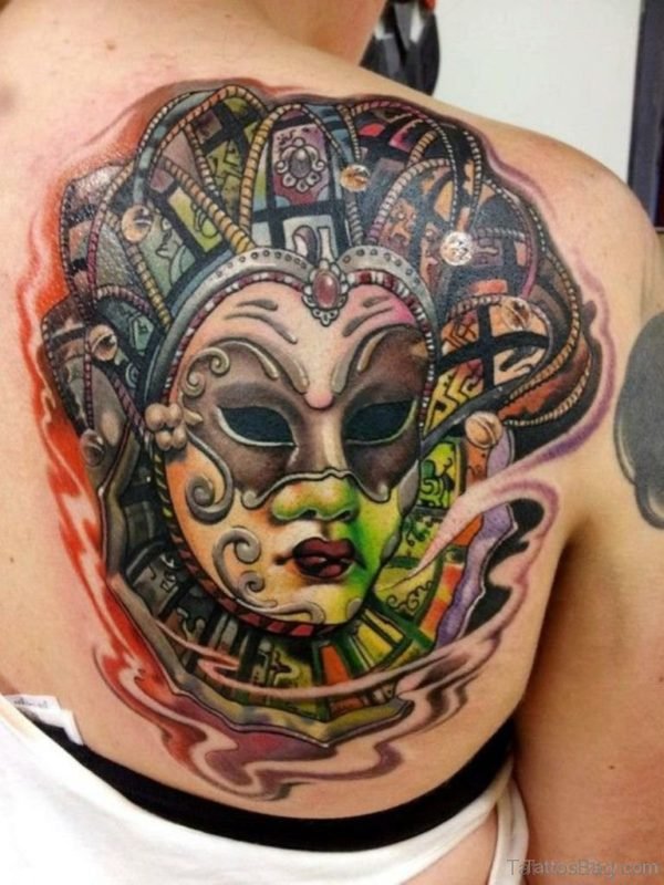 Wonderful Mask Tattoo On Back