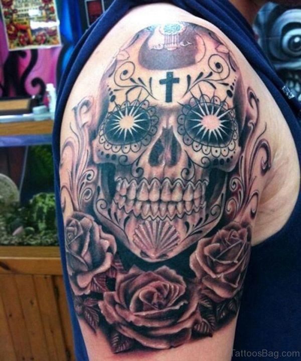 Wonderful Skull Tattoo On Right Shoulder