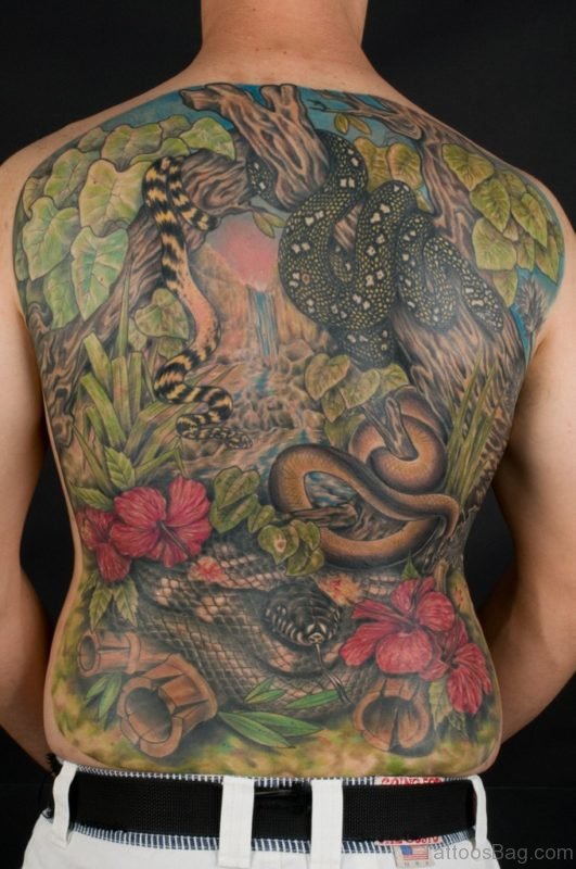 Wonderful Snakes And Flower Tattoo