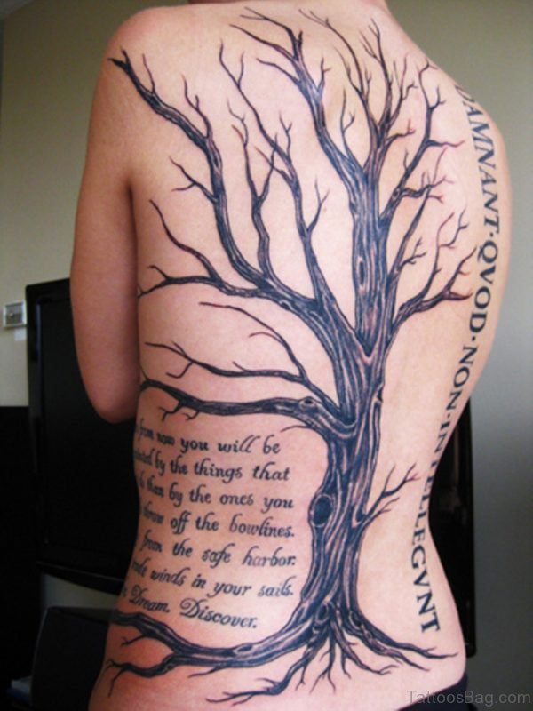 Wording And Tree Tattoo On Back