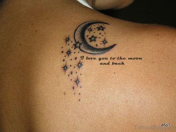 Wording And Moon Tattoo On Back