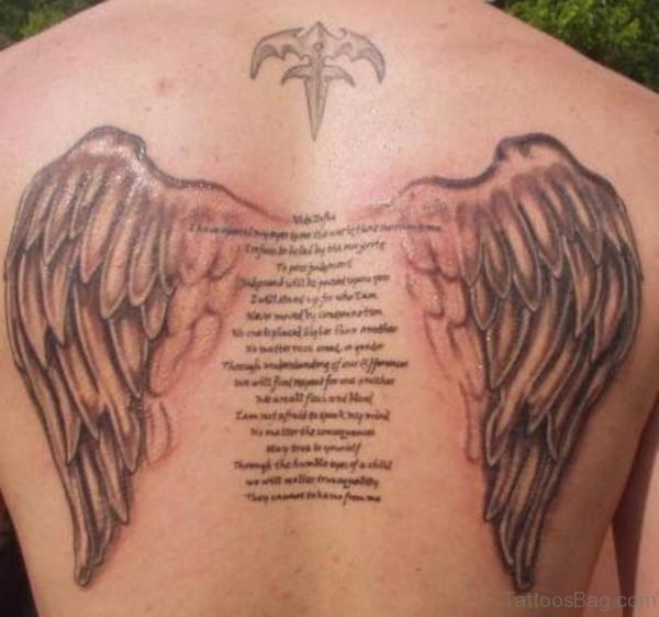 Wording And Wings Tattoo On Back
