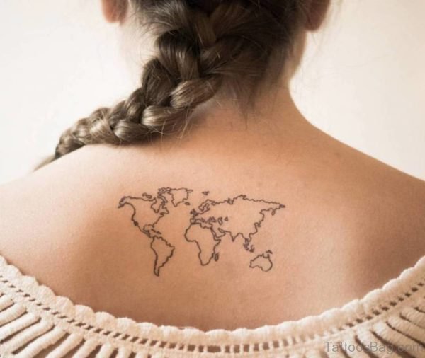 World Map Tattoo On  Upper Back