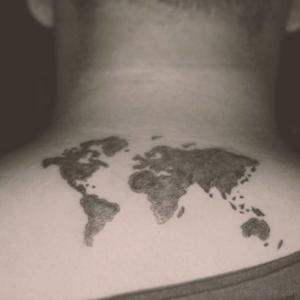 World Map Tattoo On Upper Back