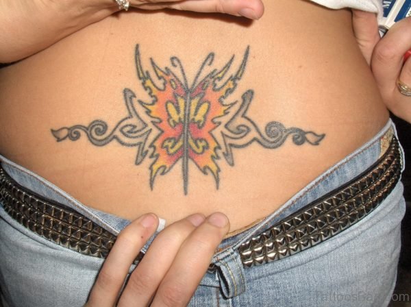 Yellow Butterfly Tattoo On Lower Back