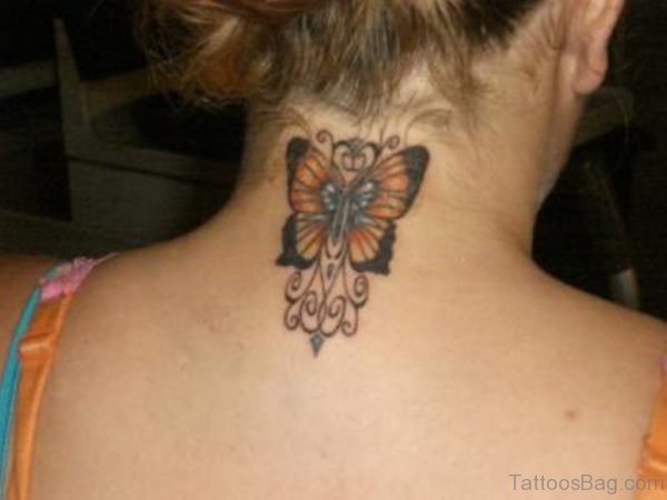 Yellow Butterfly Tattoo On Neck Back