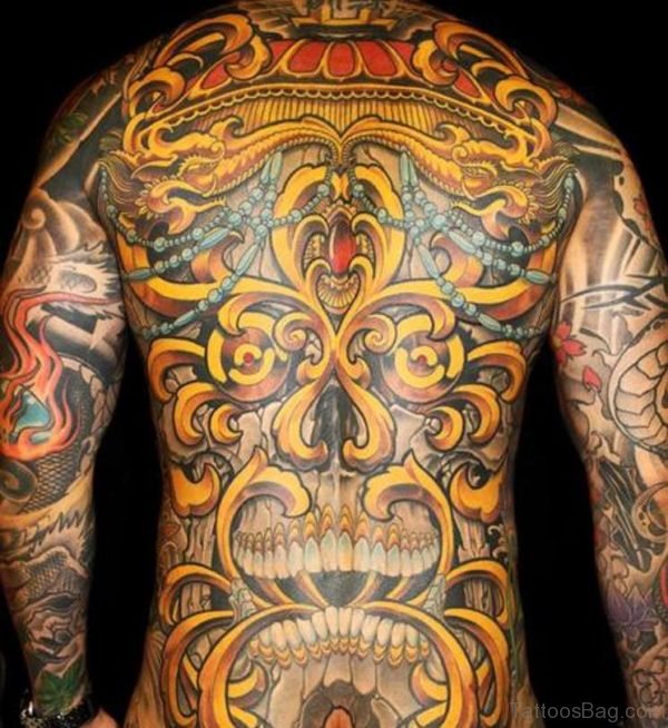 Yellow Skull Tattoo On Full Back