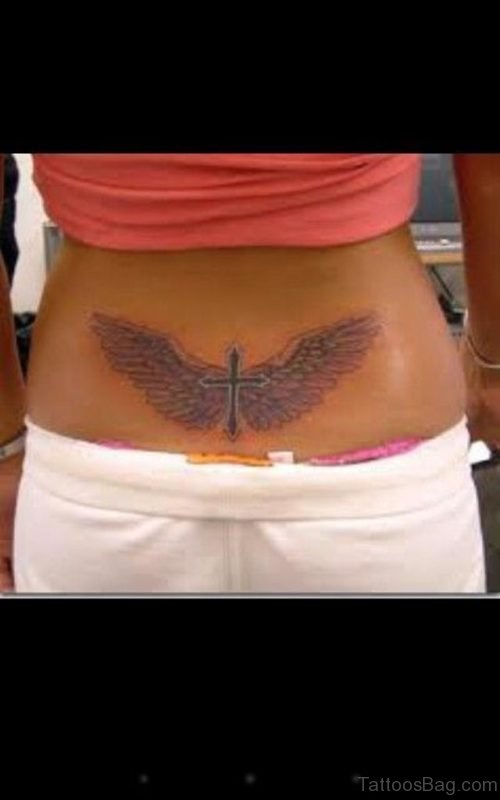 Nice Cross And Wings Tattoo On Lower Back