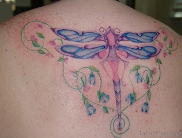 Stylish Blue Dragonfly Tattoo On Back