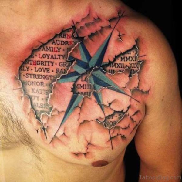 3D Blue Star And Lettering Tattoos On Chest