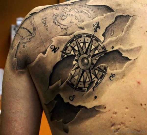 3D Compass Tattoo On Left Back Shoulder