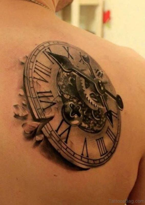 3D Compass Tattoo On Right Back Shoulde