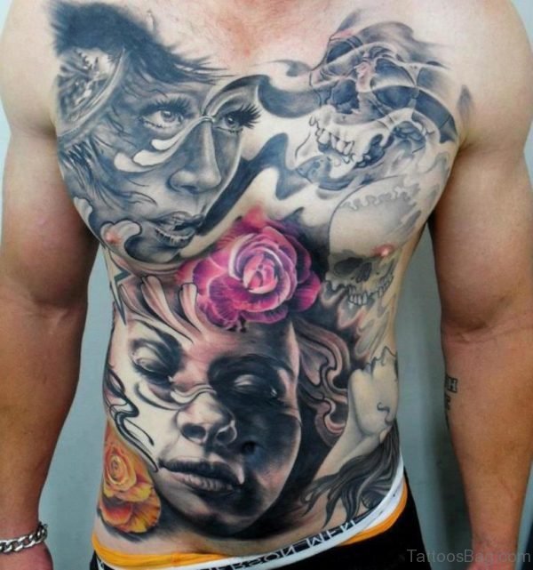 3D Girl Faces And Flower Tattoo On Chest