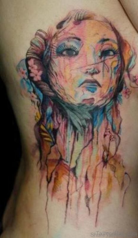 Abstract Girl Portrait Tattoo On Side Rib 